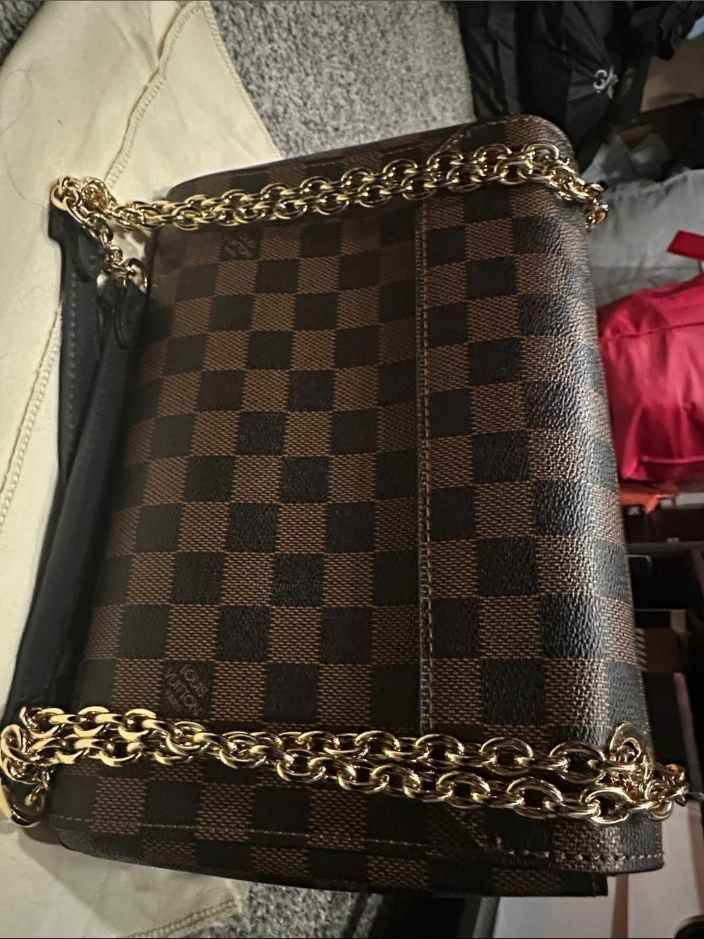 Louis Vuitton Brown Damier Ebene & Black Chain Shoulder Bag with Gold Hardware